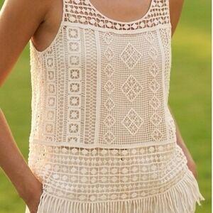Lauren Ralph Lauren Crochet Tank Top Womens Cream Fringe Boho Festival Knit